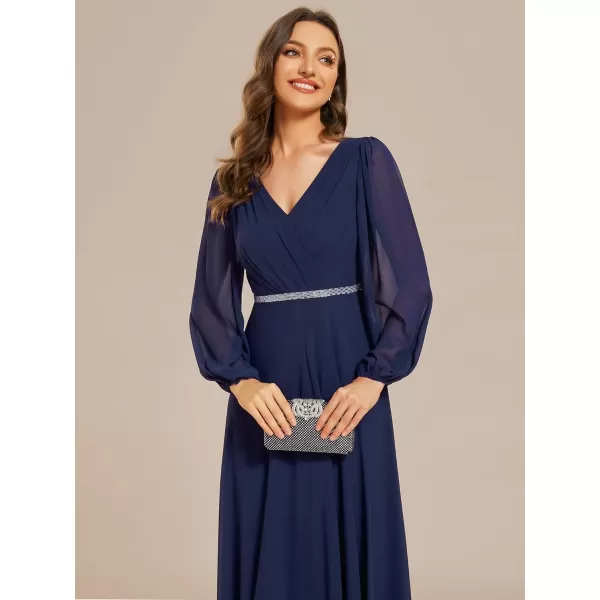 EverPretty Womens Long Sleeve V Neck Empire Waist A Line Beading Maxi Formal Dresses Bridemaid Dress 01981Navy Blue