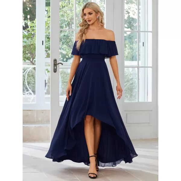 EverPretty Womens Off Shoulder High Low A Line Chiffon Wedding Guest Dress 01736Navy Blue