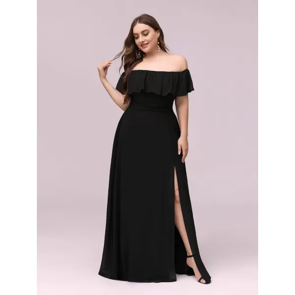 EverPretty Womens Plus Size Off Shoulder Ruffle Sleeves Side Split Chiffon Floor Length Formal Dress 0968PZUSABlack