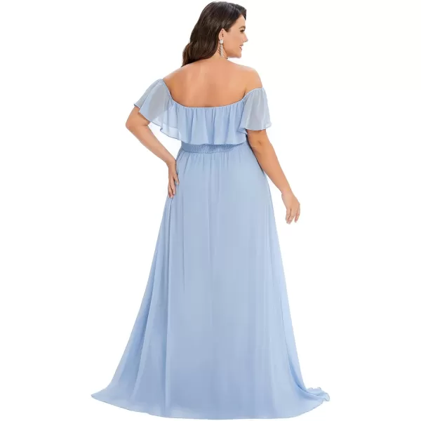 EverPretty Womens Plus Size Off Shoulder Ruffle Sleeves Side Split Chiffon Floor Length Formal Dress 0968PZUSABlue