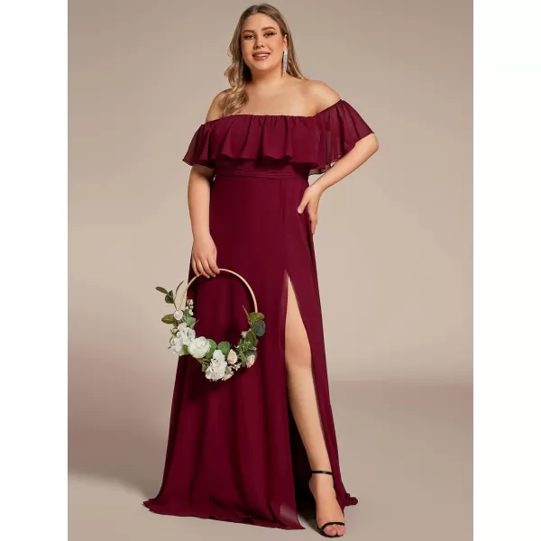 EverPretty Womens Plus Size Off Shoulder Ruffle Sleeves Side Split Chiffon Floor Length Formal Dress 0968PZUSABurgundy