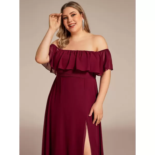 EverPretty Womens Plus Size Off Shoulder Ruffle Sleeves Side Split Chiffon Floor Length Formal Dress 0968PZUSABurgundy