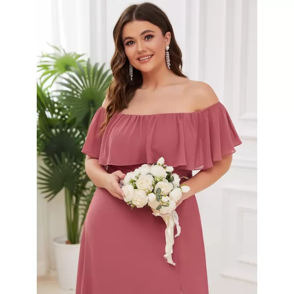 EverPretty Womens Plus Size Off Shoulder Ruffle Sleeves Side Split Chiffon Floor Length Formal Dress 0968PZUSACame Brown