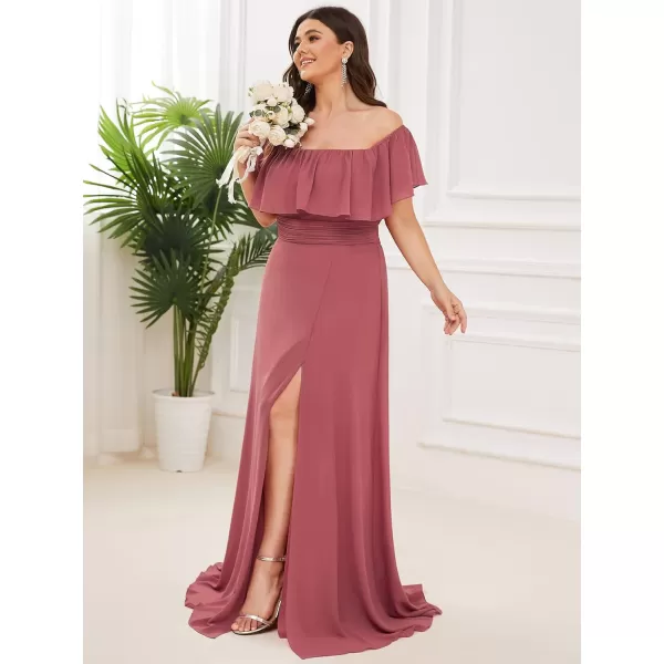 EverPretty Womens Plus Size Off Shoulder Ruffle Sleeves Side Split Chiffon Floor Length Formal Dress 0968PZUSACame Brown