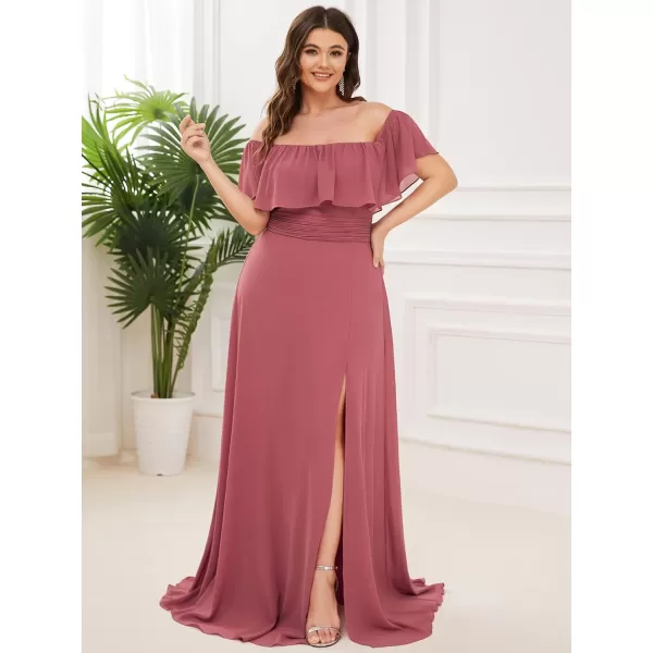 EverPretty Womens Plus Size Off Shoulder Ruffle Sleeves Side Split Chiffon Floor Length Formal Dress 0968PZUSACame Brown