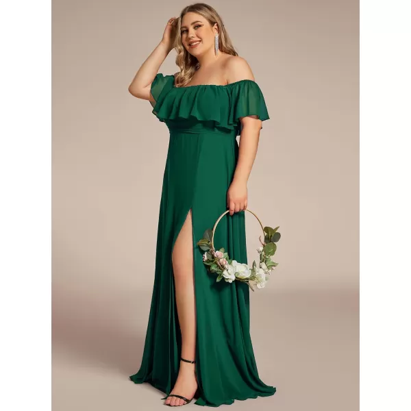 EverPretty Womens Plus Size Off Shoulder Ruffle Sleeves Side Split Chiffon Floor Length Formal Dress 0968PZUSADark Green