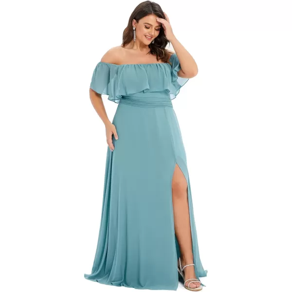 EverPretty Womens Plus Size Off Shoulder Ruffle Sleeves Side Split Chiffon Floor Length Formal Dress 0968PZUSADusty Blue