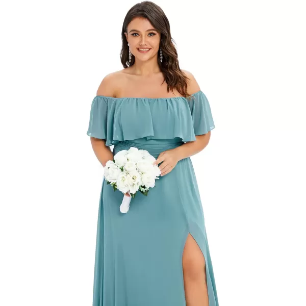 EverPretty Womens Plus Size Off Shoulder Ruffle Sleeves Side Split Chiffon Floor Length Formal Dress 0968PZUSADusty Blue