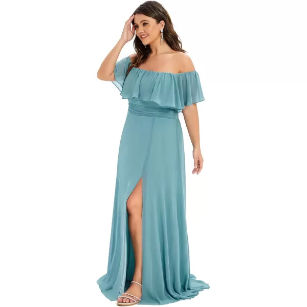 EverPretty Womens Plus Size Off Shoulder Ruffle Sleeves Side Split Chiffon Floor Length Formal Dress 0968PZUSADusty Blue