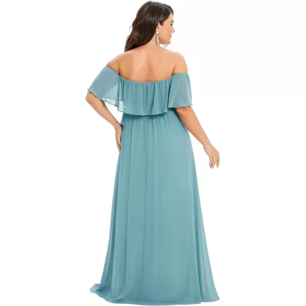 EverPretty Womens Plus Size Off Shoulder Ruffle Sleeves Side Split Chiffon Floor Length Formal Dress 0968PZUSADusty Blue