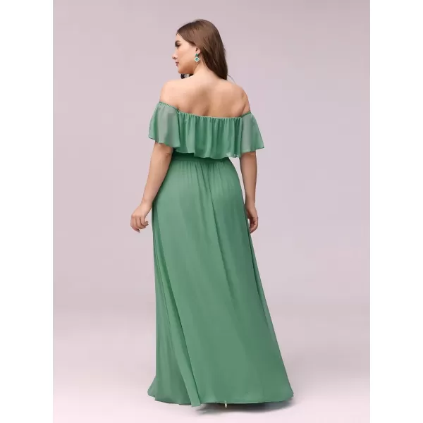 EverPretty Womens Plus Size Off Shoulder Ruffle Sleeves Side Split Chiffon Floor Length Formal Dress 0968PZUSAGreen