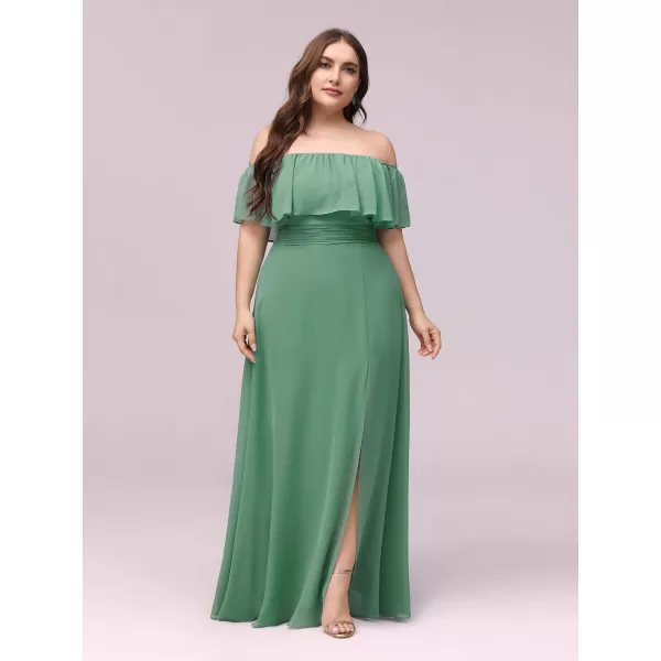 EverPretty Womens Plus Size Off Shoulder Ruffle Sleeves Side Split Chiffon Floor Length Formal Dress 0968PZUSAGreen