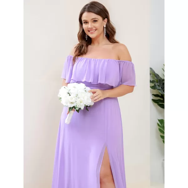 EverPretty Womens Plus Size Off Shoulder Ruffle Sleeves Side Split Chiffon Floor Length Formal Dress 0968PZUSALavender