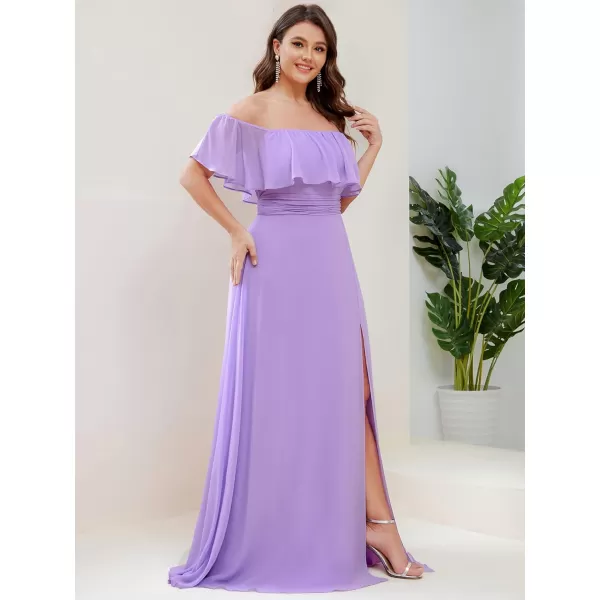 EverPretty Womens Plus Size Off Shoulder Ruffle Sleeves Side Split Chiffon Floor Length Formal Dress 0968PZUSALavender