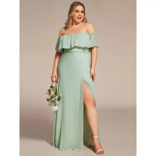 EverPretty Womens Plus Size Off Shoulder Ruffle Sleeves Side Split Chiffon Floor Length Formal Dress 0968PZUSAMint Green