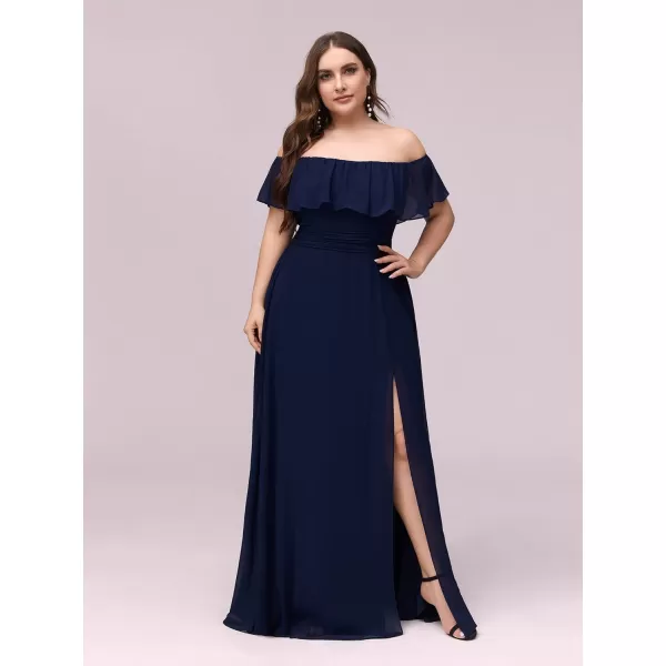 EverPretty Womens Plus Size Off Shoulder Ruffle Sleeves Side Split Chiffon Floor Length Formal Dress 0968PZUSANavy