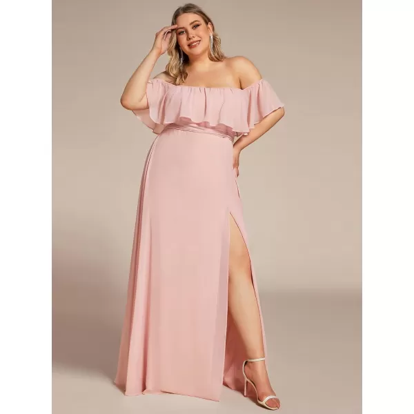 EverPretty Womens Plus Size Off Shoulder Ruffle Sleeves Side Split Chiffon Floor Length Formal Dress 0968PZUSAPink