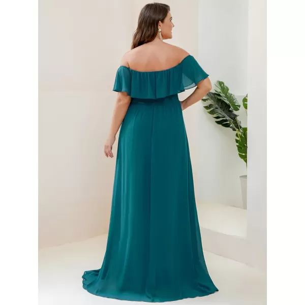 EverPretty Womens Plus Size Off Shoulder Ruffle Sleeves Side Split Chiffon Floor Length Formal Dress 0968PZUSATeal