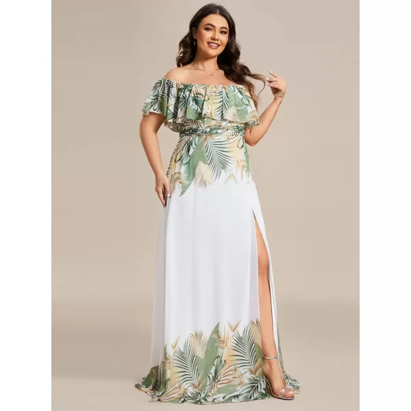 EverPretty Womens Plus Size Off Shoulder Ruffle Sleeves Side Split Chiffon Floor Length Formal Dress 0968PZUSAWhite Green