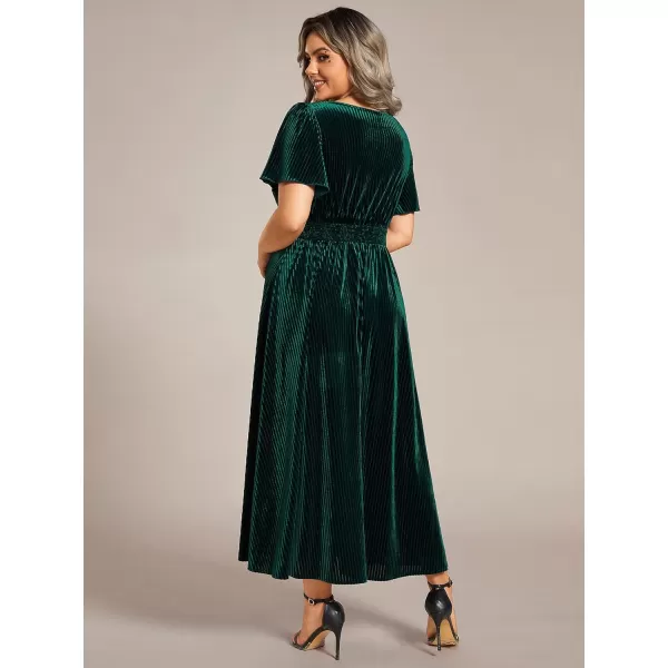 EverPretty Womens Ruched V Neck Ruffed Sleeves Velvet Plus Size Fall Wedding Guest Dress 01939DADeep Green