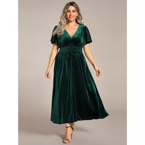 EverPretty Womens Ruched V Neck Ruffed Sleeves Velvet Plus Size Fall Wedding Guest Dress 01939DADeep Green