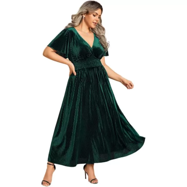 EverPretty Womens Ruched V Neck Ruffed Sleeves Velvet Plus Size Fall Wedding Guest Dress 01939DADeep Green