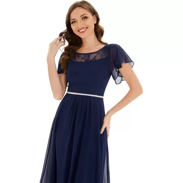 EverPretty Womens Ruffles Sleeve Bridesmaid Dress High Low Beaded Chiffon Midi Mother of The Bride Dresses 00465Navy Blue