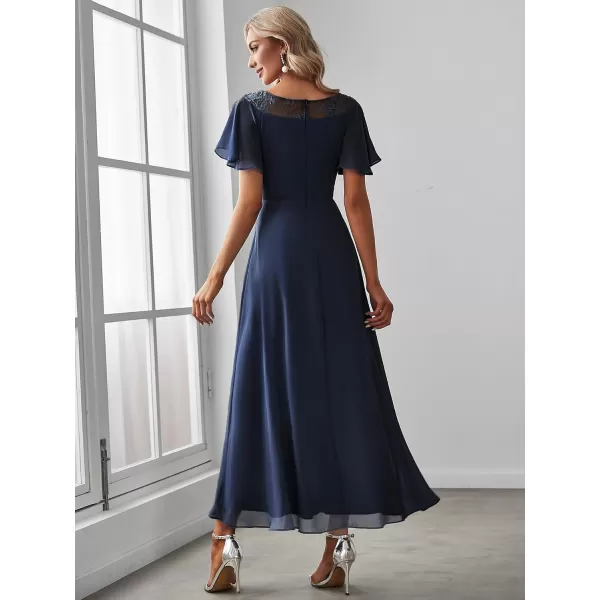 EverPretty Womens Ruffles Sleeve Bridesmaid Dress High Low Beaded Chiffon Midi Mother of The Bride Dresses 00465Navy Blue