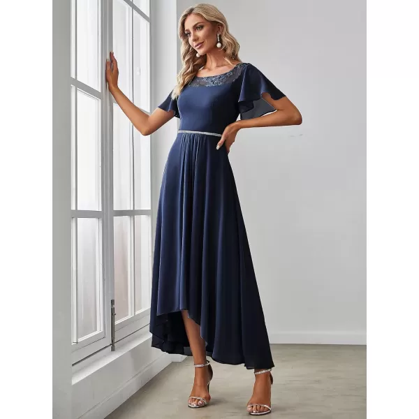 EverPretty Womens Ruffles Sleeve Bridesmaid Dress High Low Beaded Chiffon Midi Mother of The Bride Dresses 00465Navy Blue