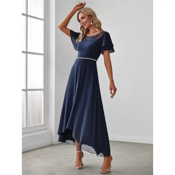 EverPretty Womens Ruffles Sleeve Bridesmaid Dress High Low Beaded Chiffon Midi Mother of The Bride Dresses 00465Navy Blue