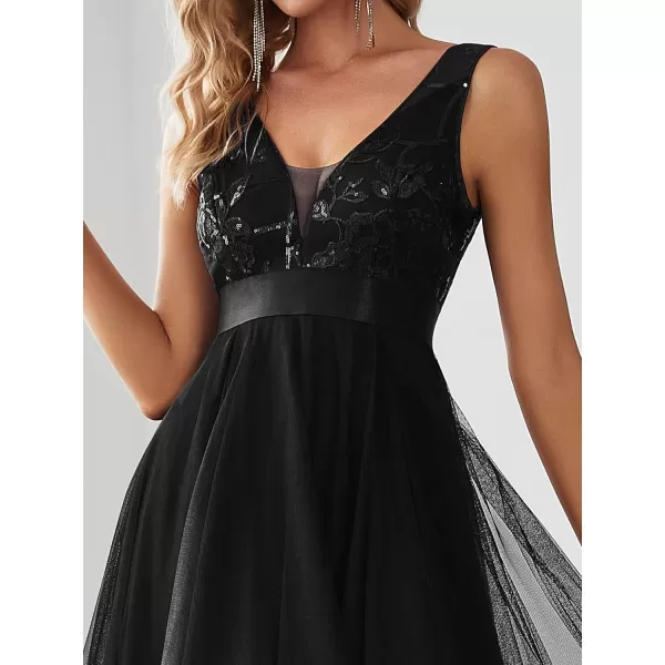 EverPretty Womens Sequin VNeck Sleeveless HighLow Aline Evening Party Dress 0793USABlack