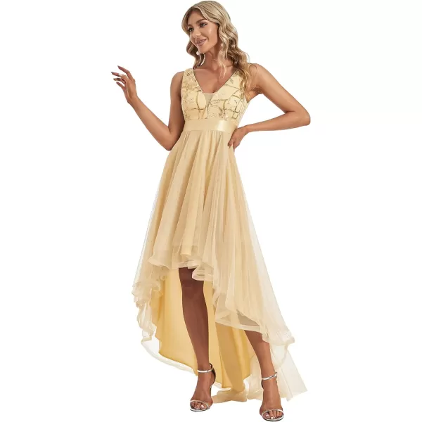 EverPretty Womens Sequin VNeck Sleeveless HighLow Aline Evening Party Dress 0793USAGold