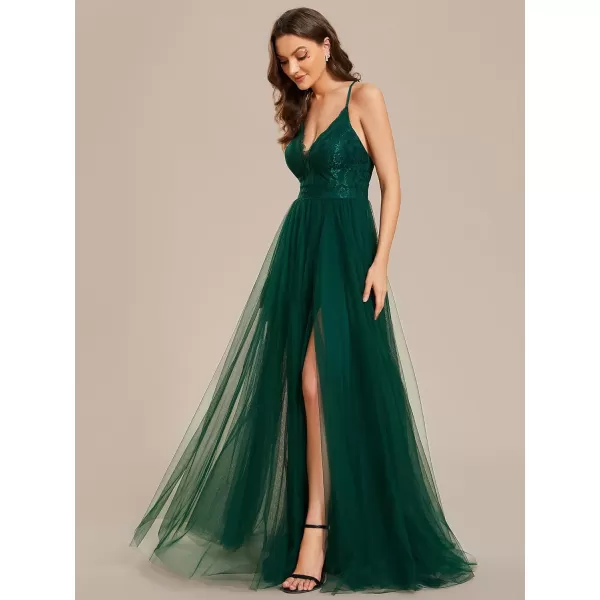 EverPretty Womens Sexy Spaghetti Straps A Line Lace VNeck Maxi Evening Dress 02015Deep Green