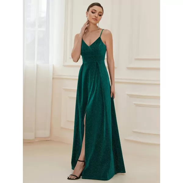 EverPretty Womens Sexy Spaghetti Straps Slit ALine Glitter Prom Dress 50120Dark Green