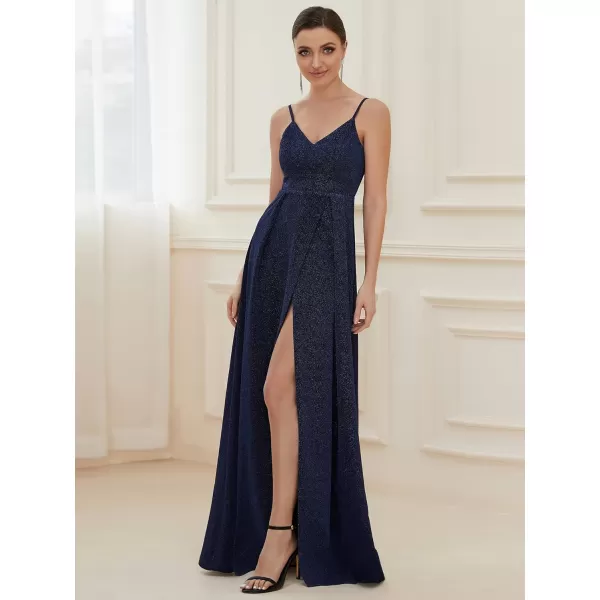 EverPretty Womens Sexy Spaghetti Straps Slit ALine Glitter Prom Dress 50120Navy Blue