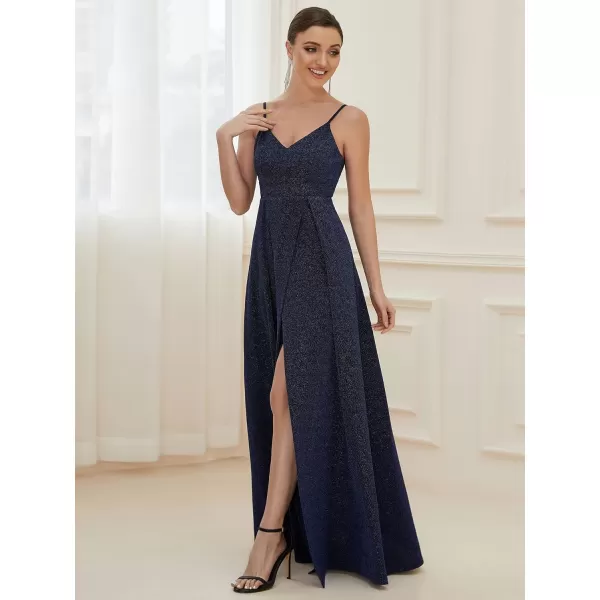 EverPretty Womens Sexy Spaghetti Straps Slit ALine Glitter Prom Dress 50120Navy Blue