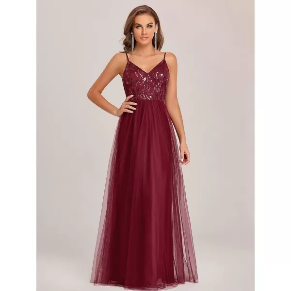 EverPretty Womens Sleeveless V Neck Sequin Embroidery Tulle Long Wedding Party Evening Dress 50090Burgundy