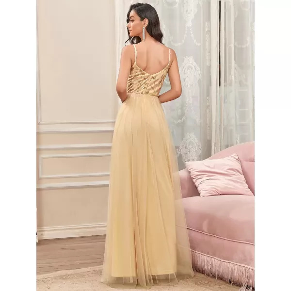 EverPretty Womens Sleeveless V Neck Sequin Embroidery Tulle Long Wedding Party Evening Dress 50090Gold