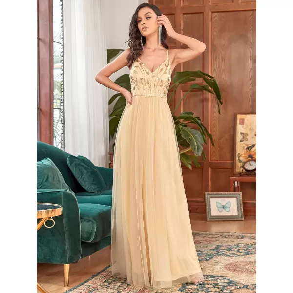 EverPretty Womens Sleeveless V Neck Sequin Embroidery Tulle Long Wedding Party Evening Dress 50090Gold