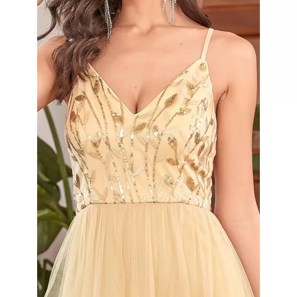EverPretty Womens Sleeveless V Neck Sequin Embroidery Tulle Long Wedding Party Evening Dress 50090Gold