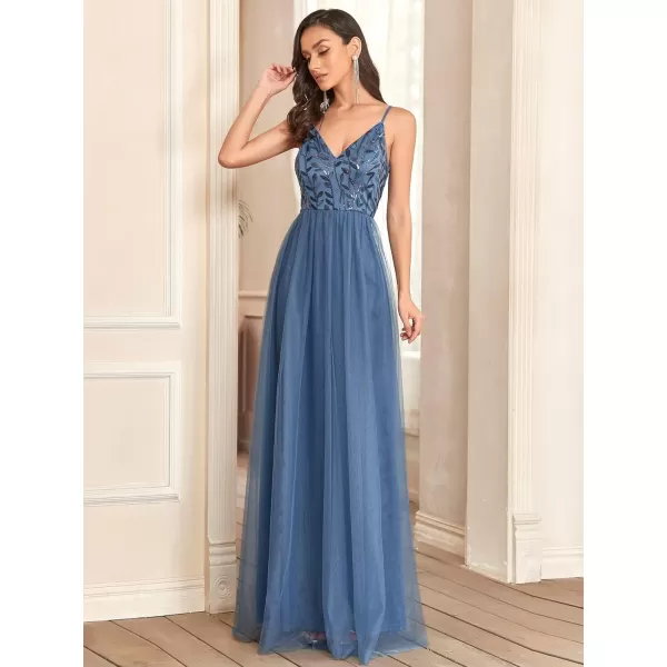 EverPretty Womens Sleeveless V Neck Sequin Embroidery Tulle Long Wedding Party Evening Dress 50090Haze Blue