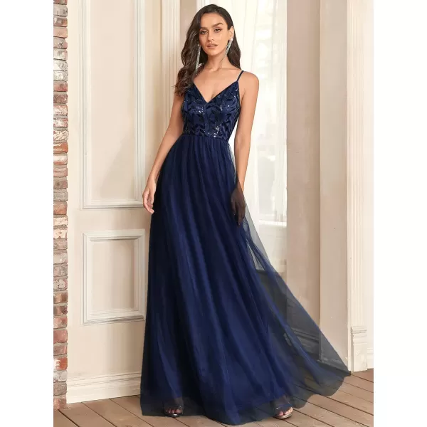 EverPretty Womens Sleeveless V Neck Sequin Embroidery Tulle Long Wedding Party Evening Dress 50090Navy