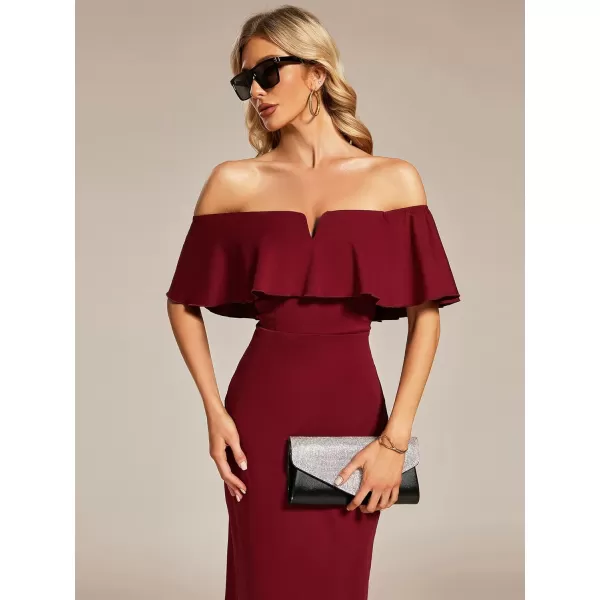 EverPretty Womens Strapless Ruffle Sleeves Bodycon Summer Midi Wedding Guest Dresses 01763Burgundy