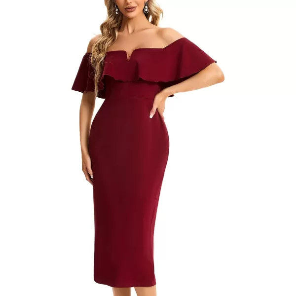 EverPretty Womens Strapless Ruffle Sleeves Bodycon Summer Midi Wedding Guest Dresses 01763Burgundy