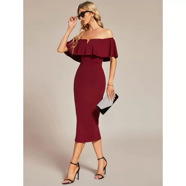 EverPretty Womens Strapless Ruffle Sleeves Bodycon Summer Midi Wedding Guest Dresses 01763Burgundy