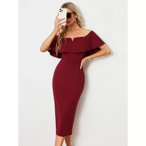 EverPretty Womens Strapless Ruffle Sleeves Bodycon Summer Midi Wedding Guest Dresses 01763Burgundy