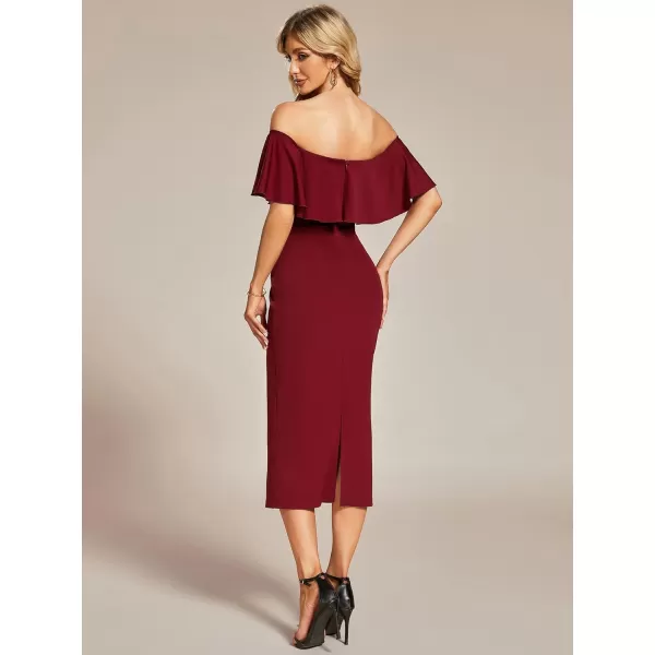 EverPretty Womens Strapless Ruffle Sleeves Bodycon Summer Midi Wedding Guest Dresses 01763Burgundy