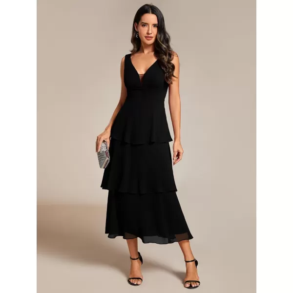 EverPretty Womens Summer Formal Dresses A Line V Neck Sleeveless Tiered Layered Midi Wedding Guest Dress 02110Black