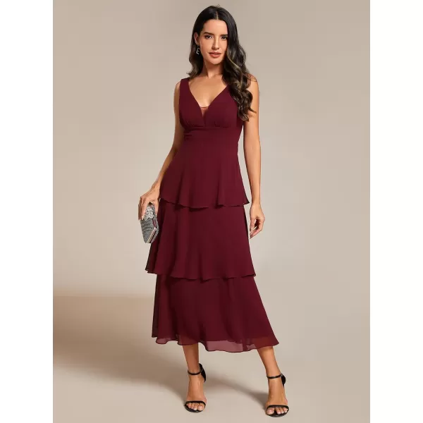 EverPretty Womens Summer Formal Dresses A Line V Neck Sleeveless Tiered Layered Midi Wedding Guest Dress 02110Burgundy