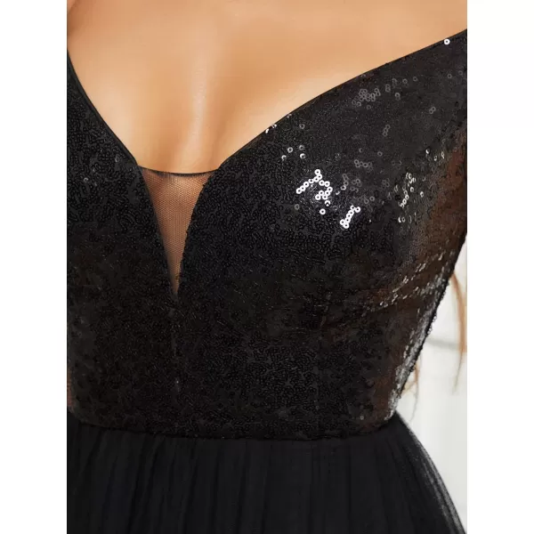 EverPretty Womens V Neck Sequin Tulle A Line Evening Formal Dress 0277Black